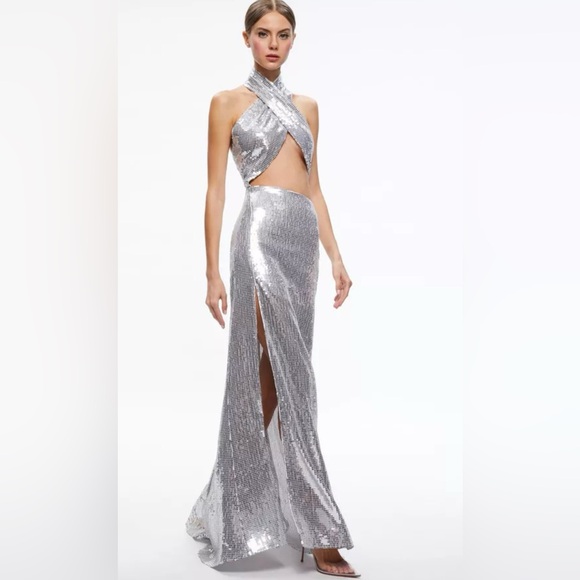 Alice & Olivia Halter neck silver sequin gown - Picture 1 of 5